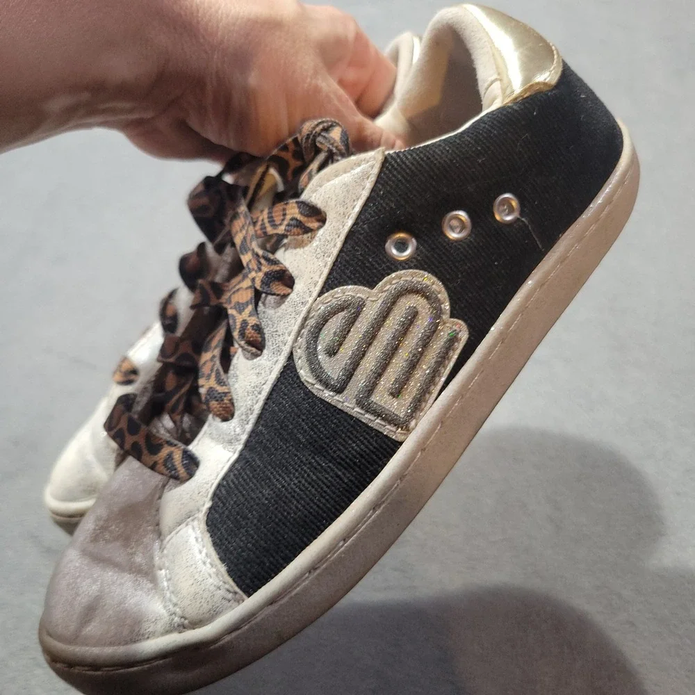 Justice Sport Sneakers Girls‎ Size 3 Black Gold Silver Leopard Print Heart GMJU4